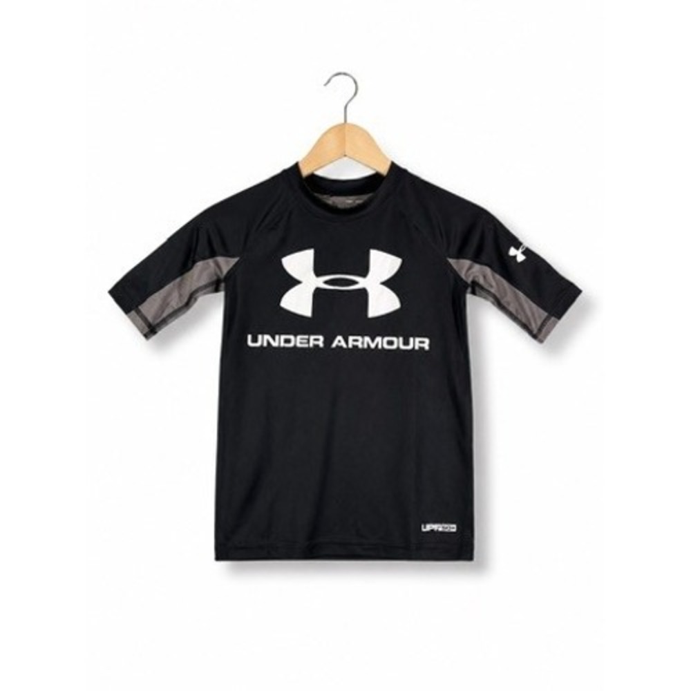 Under Armour Boys HeatGear UPF 50+ Rash Guard Swim Shirt Black Gray YSM New